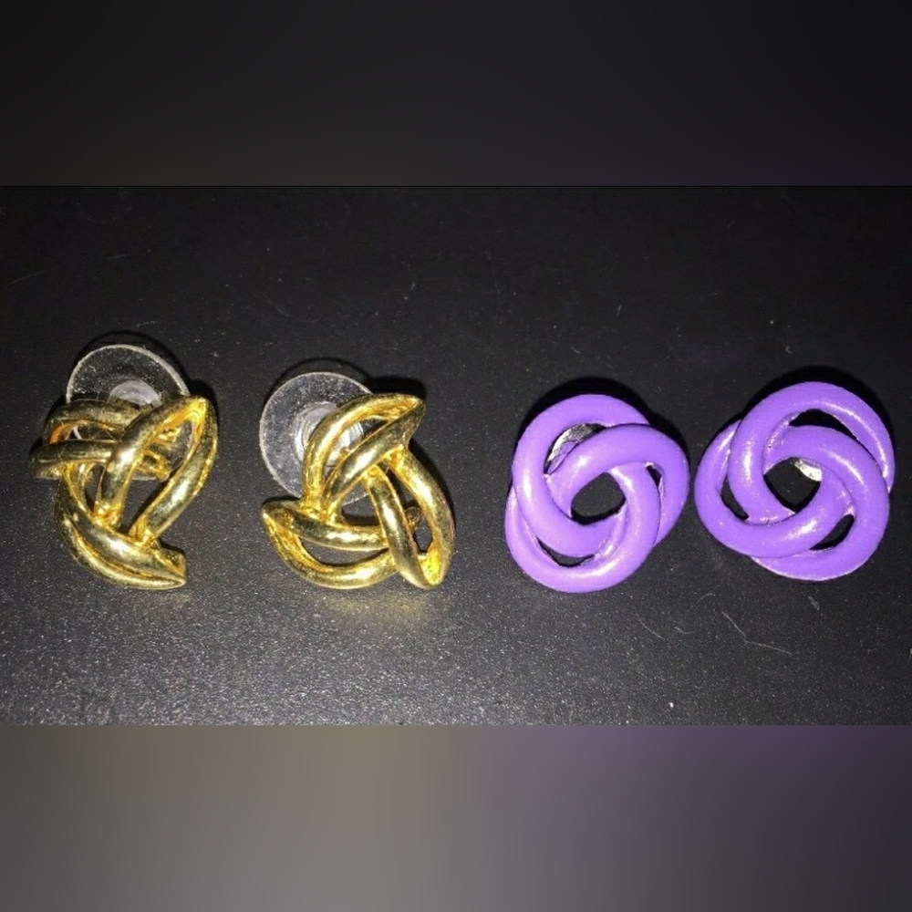 Vintage 80s Earrings. 2 Pair. Purple, Gold. Swirl. Retro.